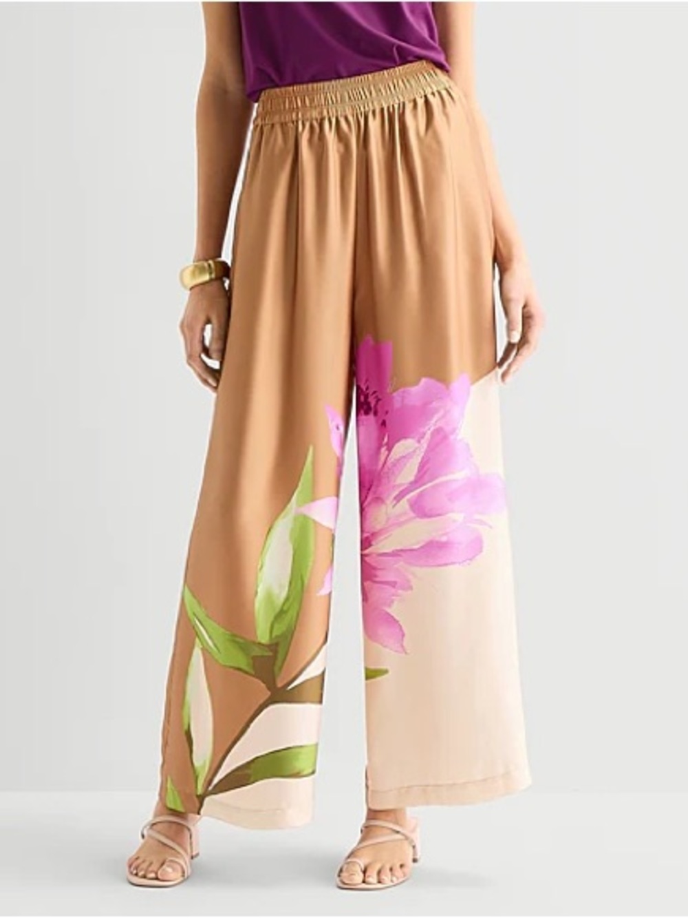 Worthington Tan Wide-Leg Pants with Pink Floral Print